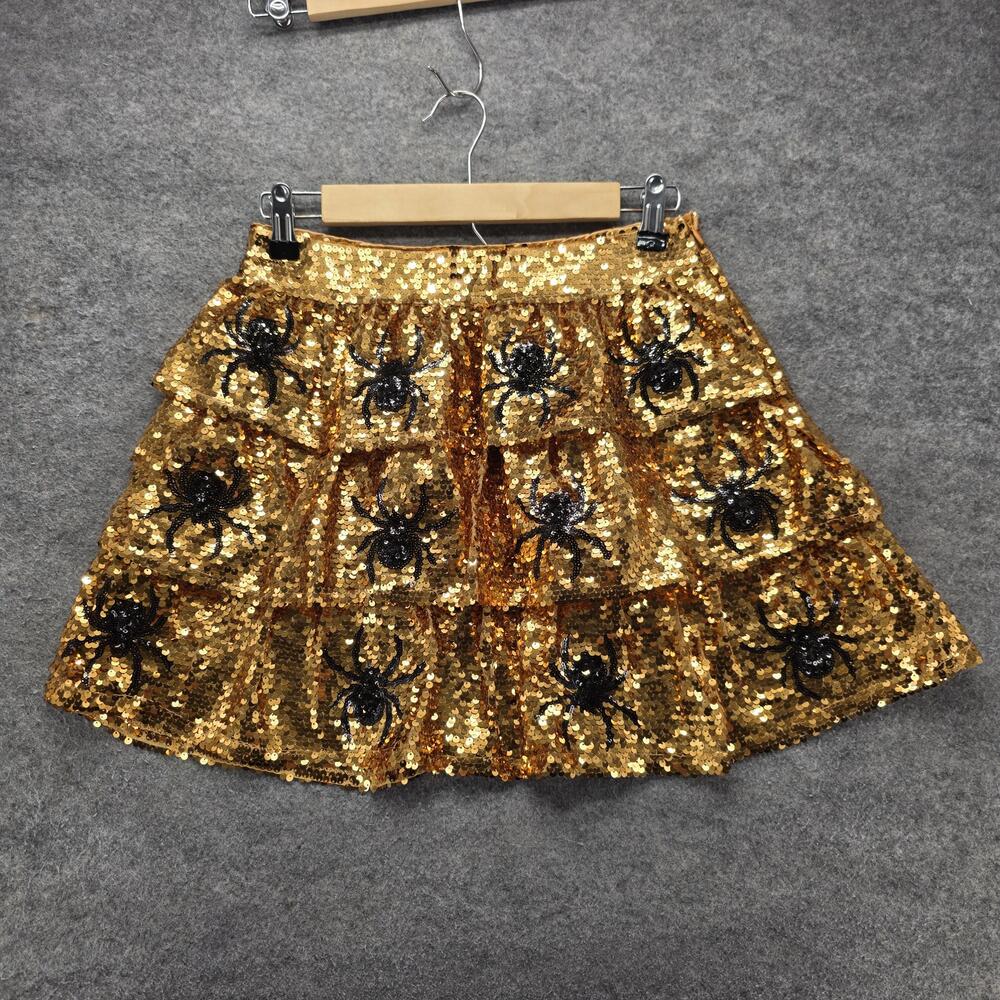 Peach Love California Skirt Womens M Gold Short Flare Sequin Spider Ruffle